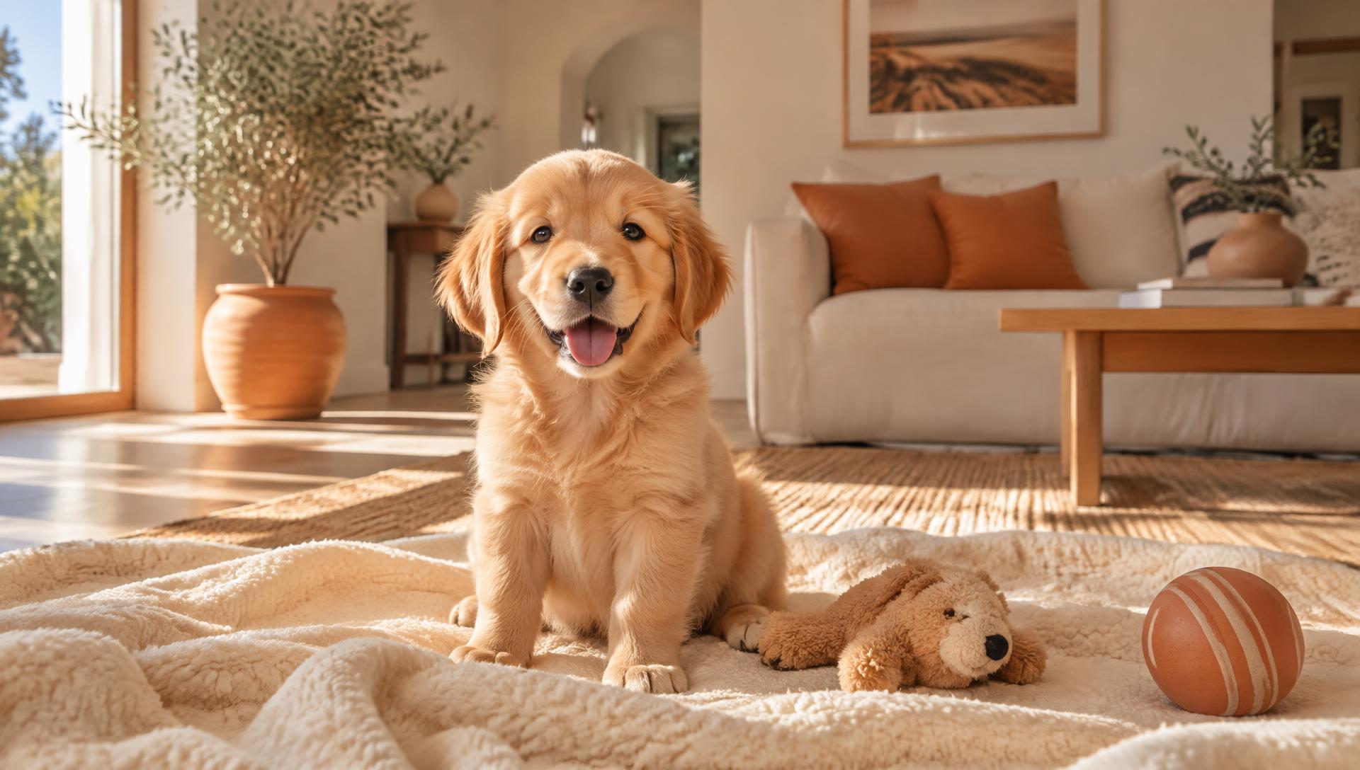 Golden retriever puppy on a cream blanket in a sunlit living room